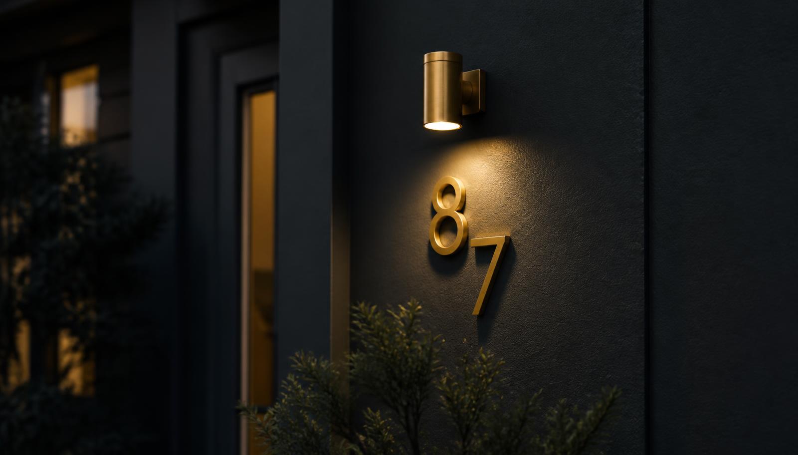Brass house numbers on a dark charcoal entrance