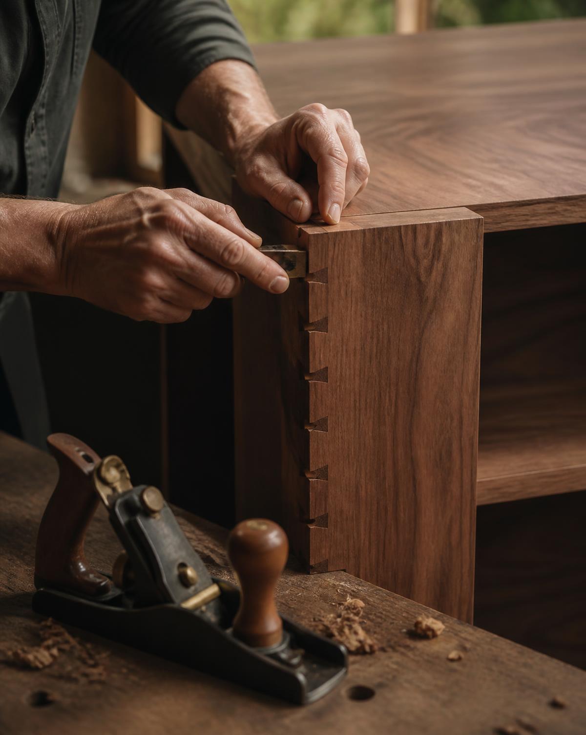 Close detail of hand-fitted joinery on custom walnut cabinetry